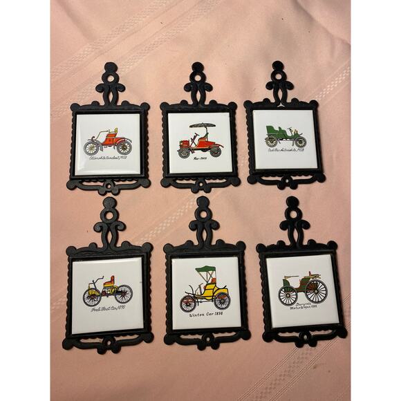 Set of 6 Cast Iron / Tile Mini Trivets with Antique Cars Ardco Japan EUC - Picture 2 of 16